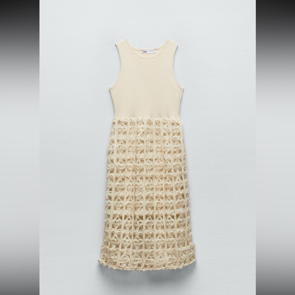 Zara Cream Sleeveless Dress with Textured Overlay. Incredible Detail!!Worn once
